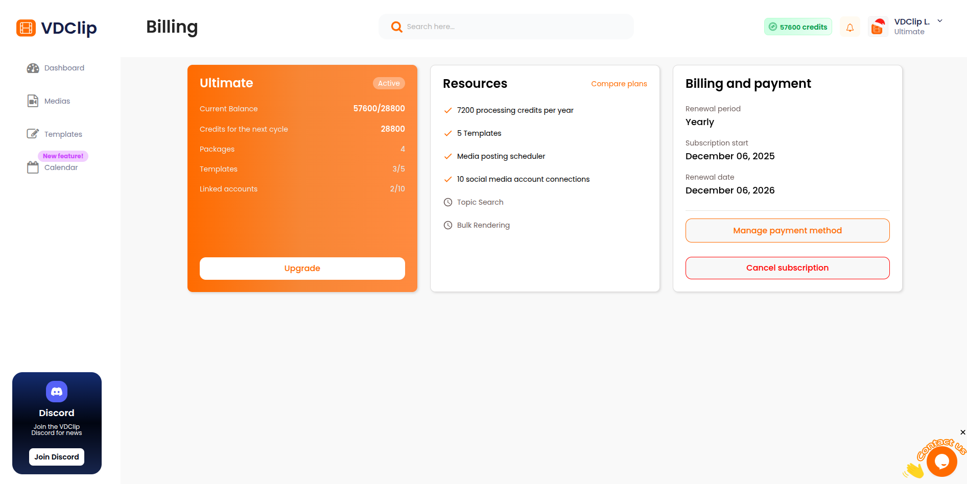 Billing overview dashboard showing current plan, resources, and billing information