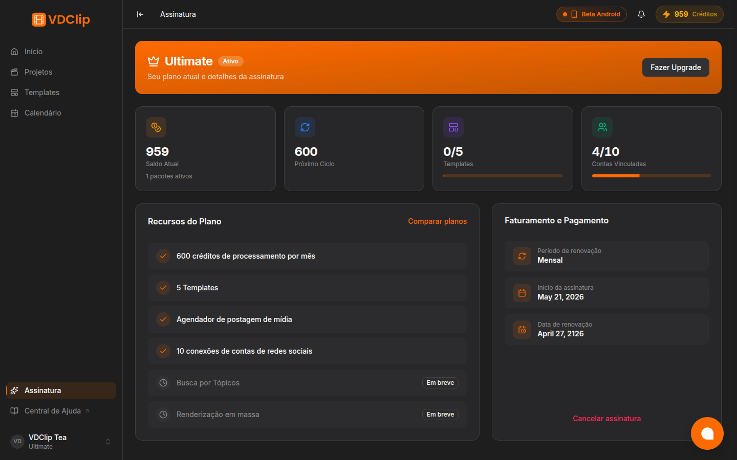Subscription page overview showing current plan, billing period, and renewal date