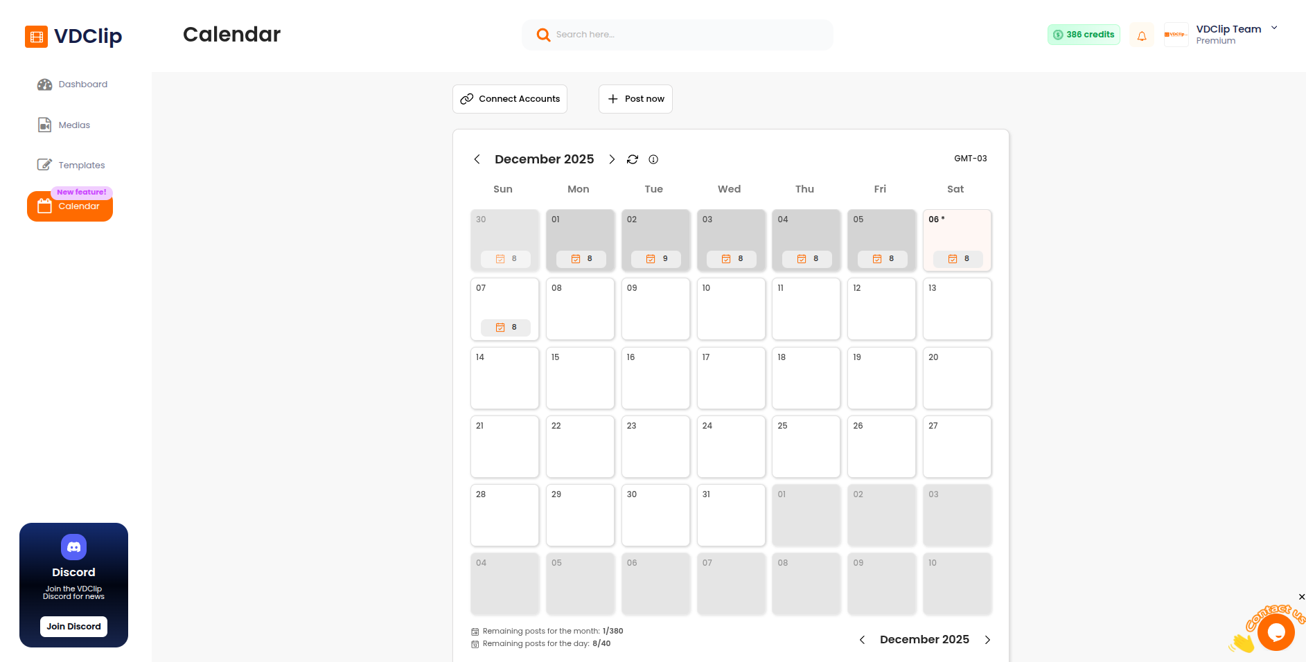 VDClip Calendar interface showing monthly view with scheduled posts