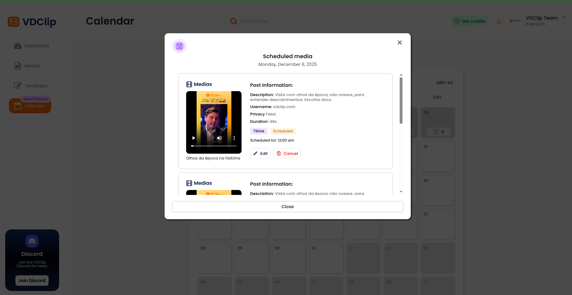 Scheduled media modal showing posts for a specific day