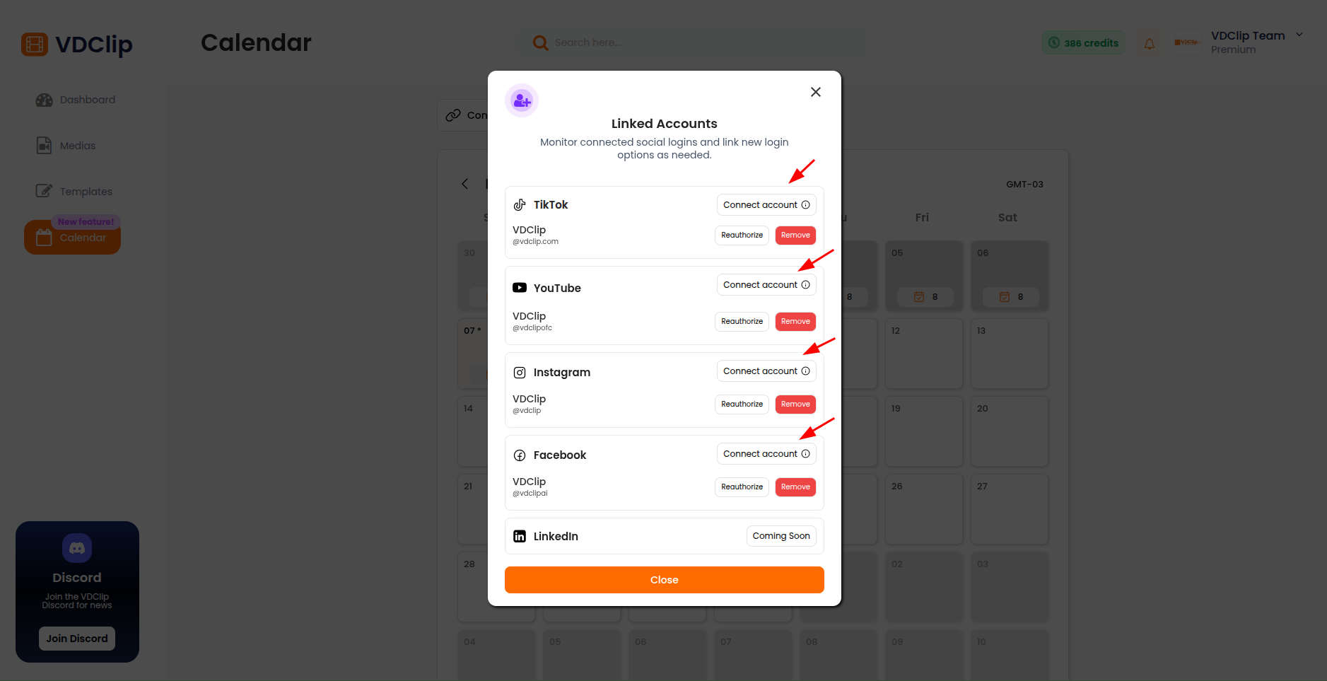 Popup showing platform selection and connection options