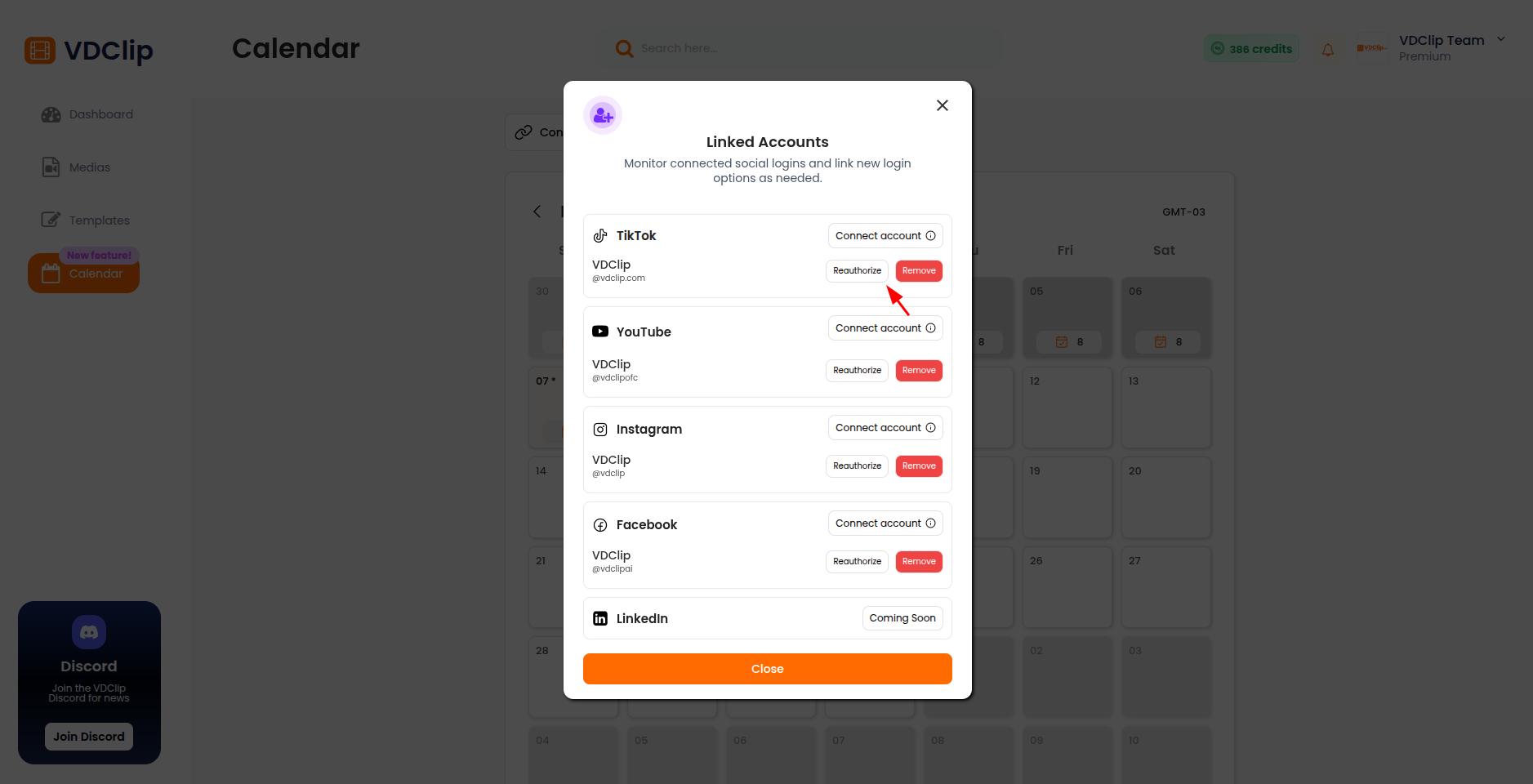Reauthorize account option in account settings