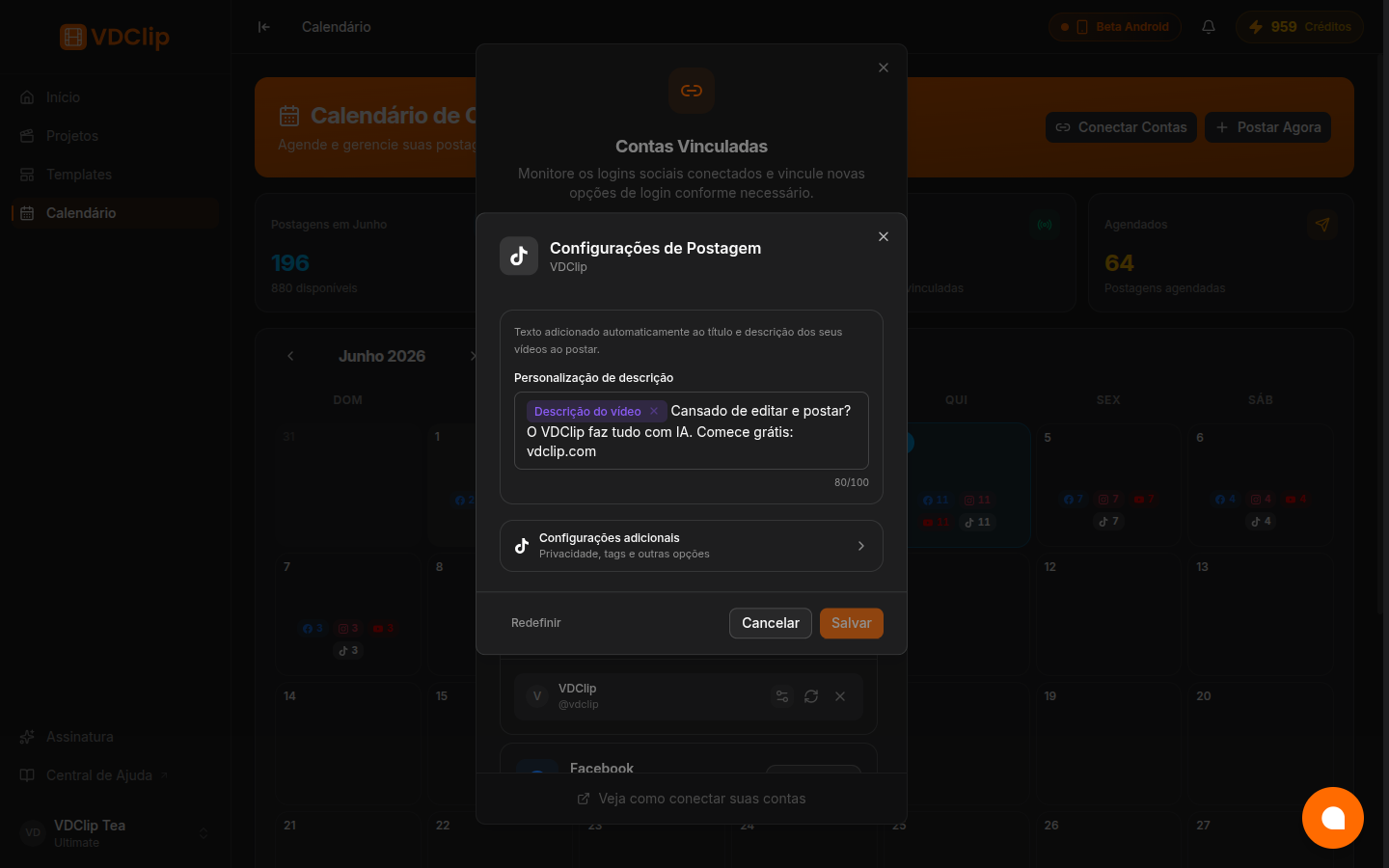 Post settings modal with the description customization field