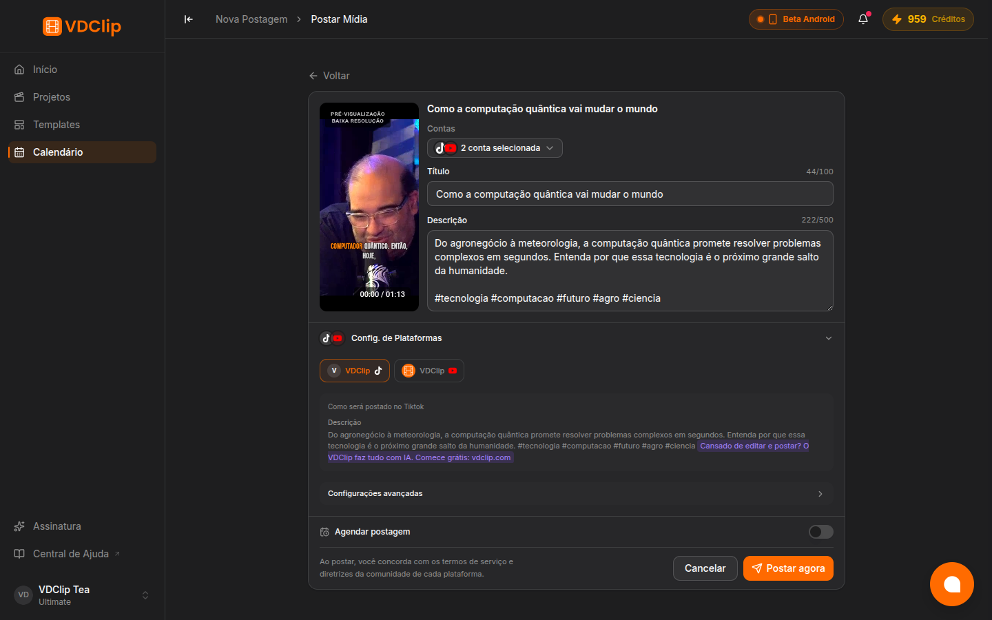 Post configuration page with platform settings