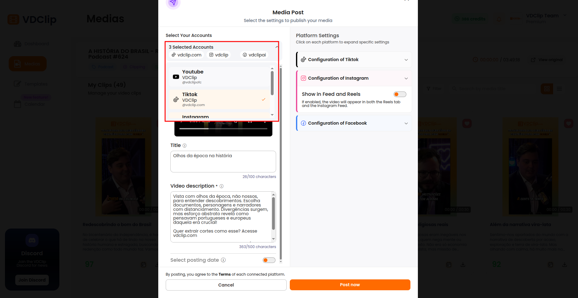 VDClip interface showing social media account selection for Instagram, Facebook, TikTok, and YouTube