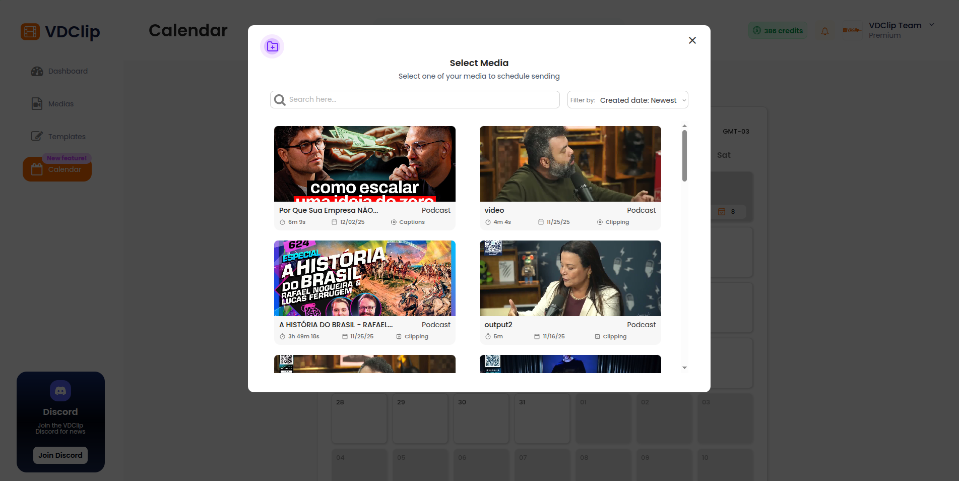 VDClip interface showing processed media selection screen with video library