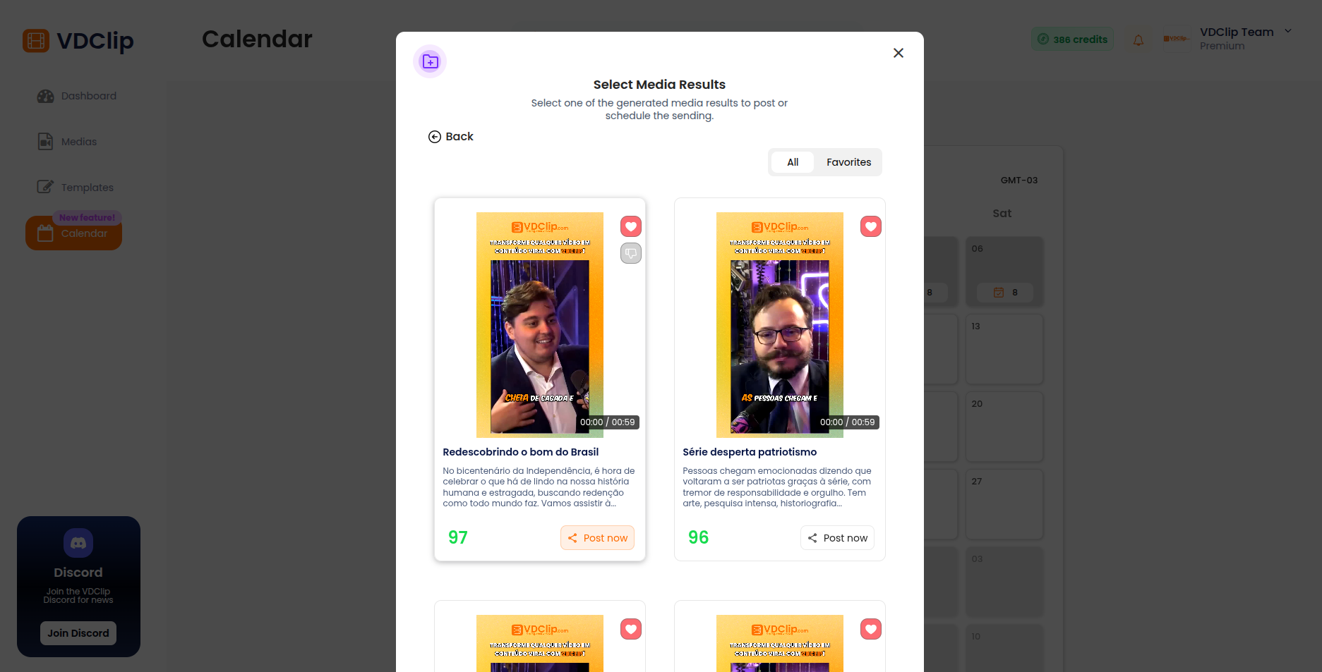 VDClip interface showing media file selection for social media posting