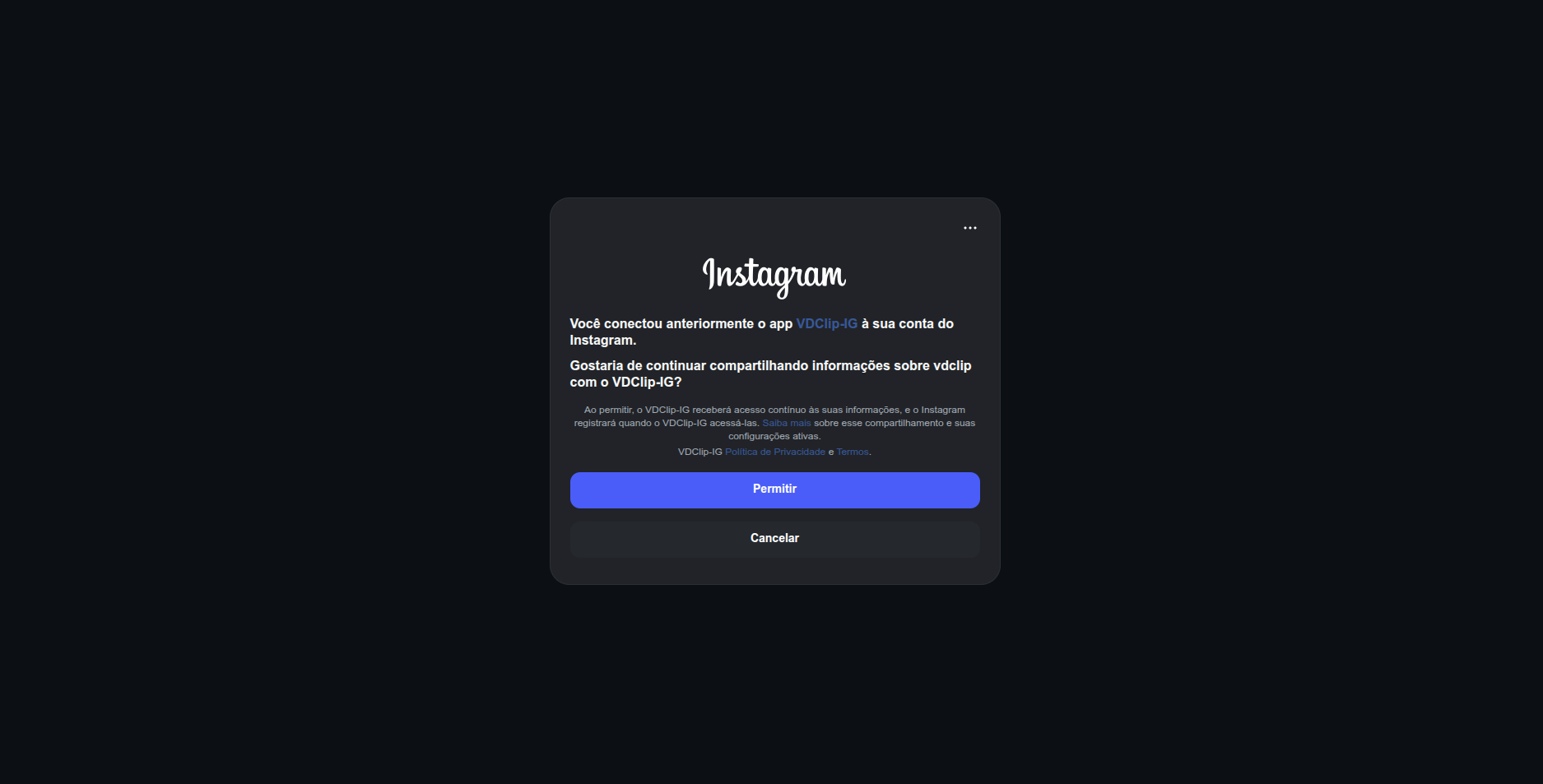 Tela de login e autorização do Instagram