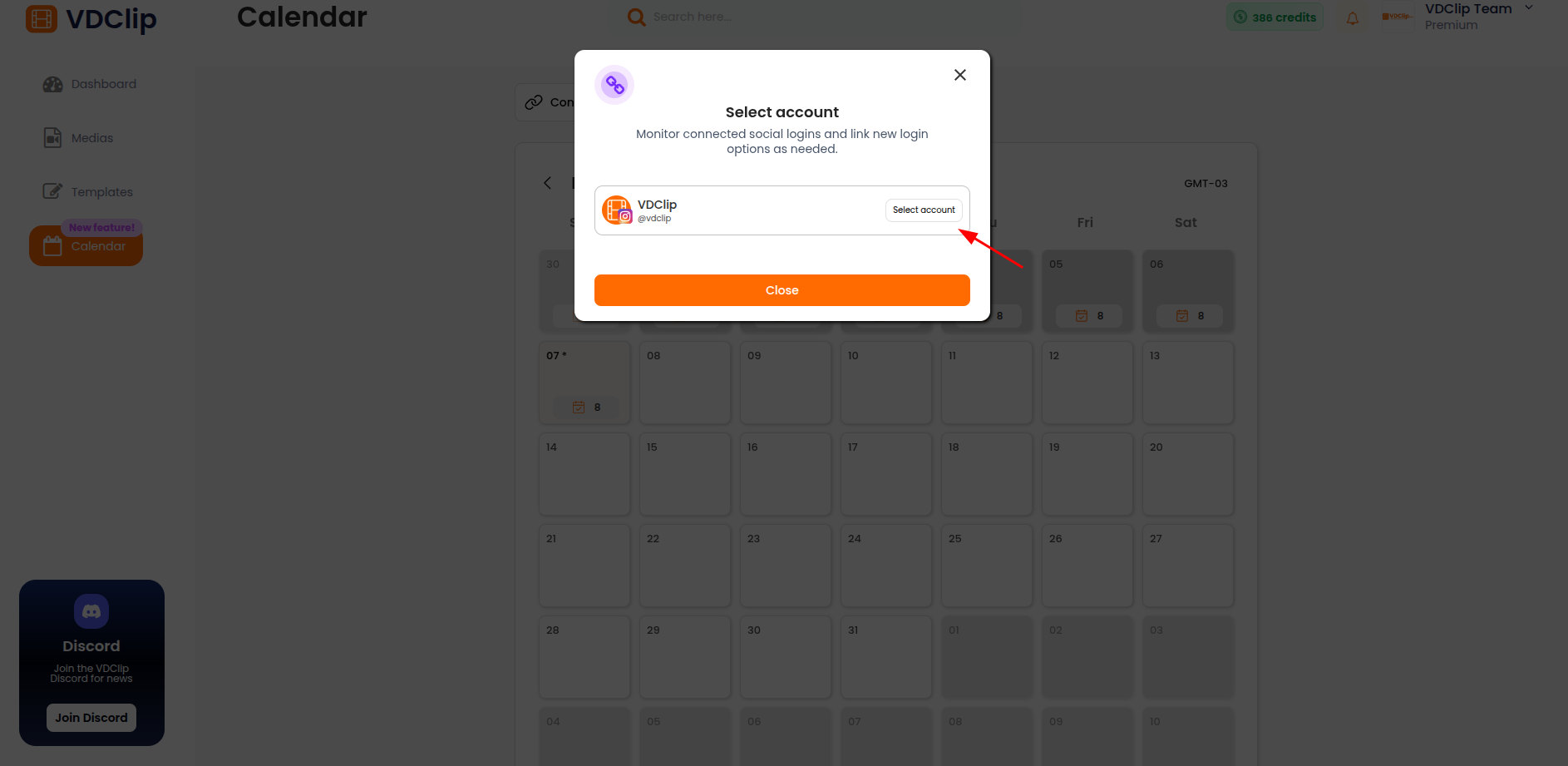 Instagram account selection screen in VDClip