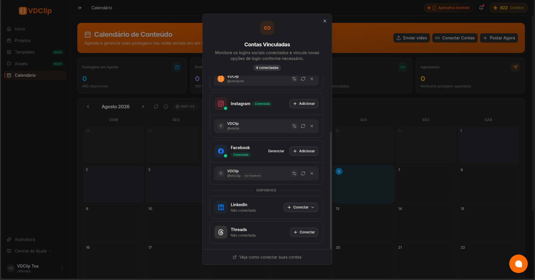 Linked Accounts dialog with Threads available to connect