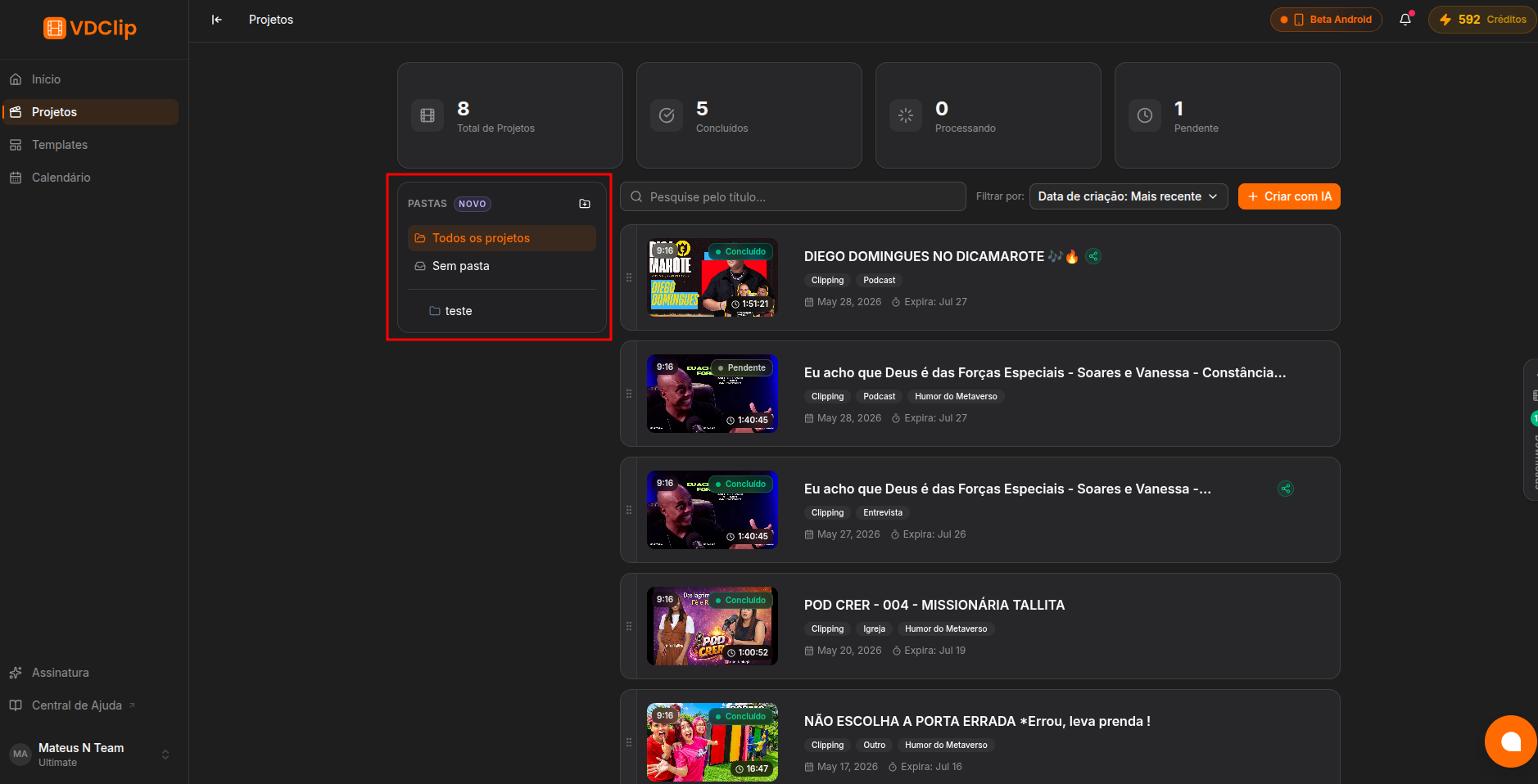 VDClip dashboard folders view
