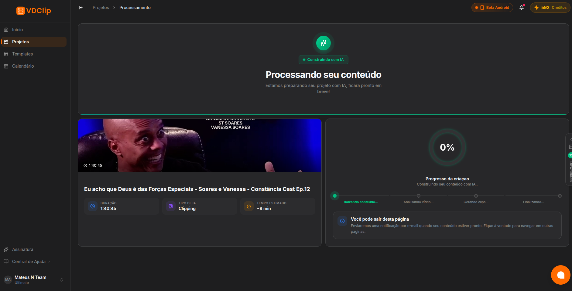 Página de processamento com os dados do vídeo e a barra de progresso