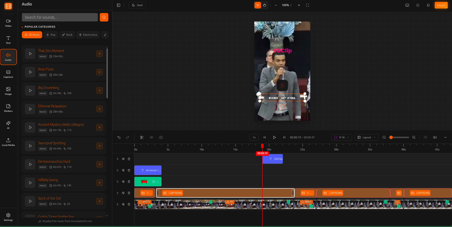 Sound panel showing the music library with search and categories
