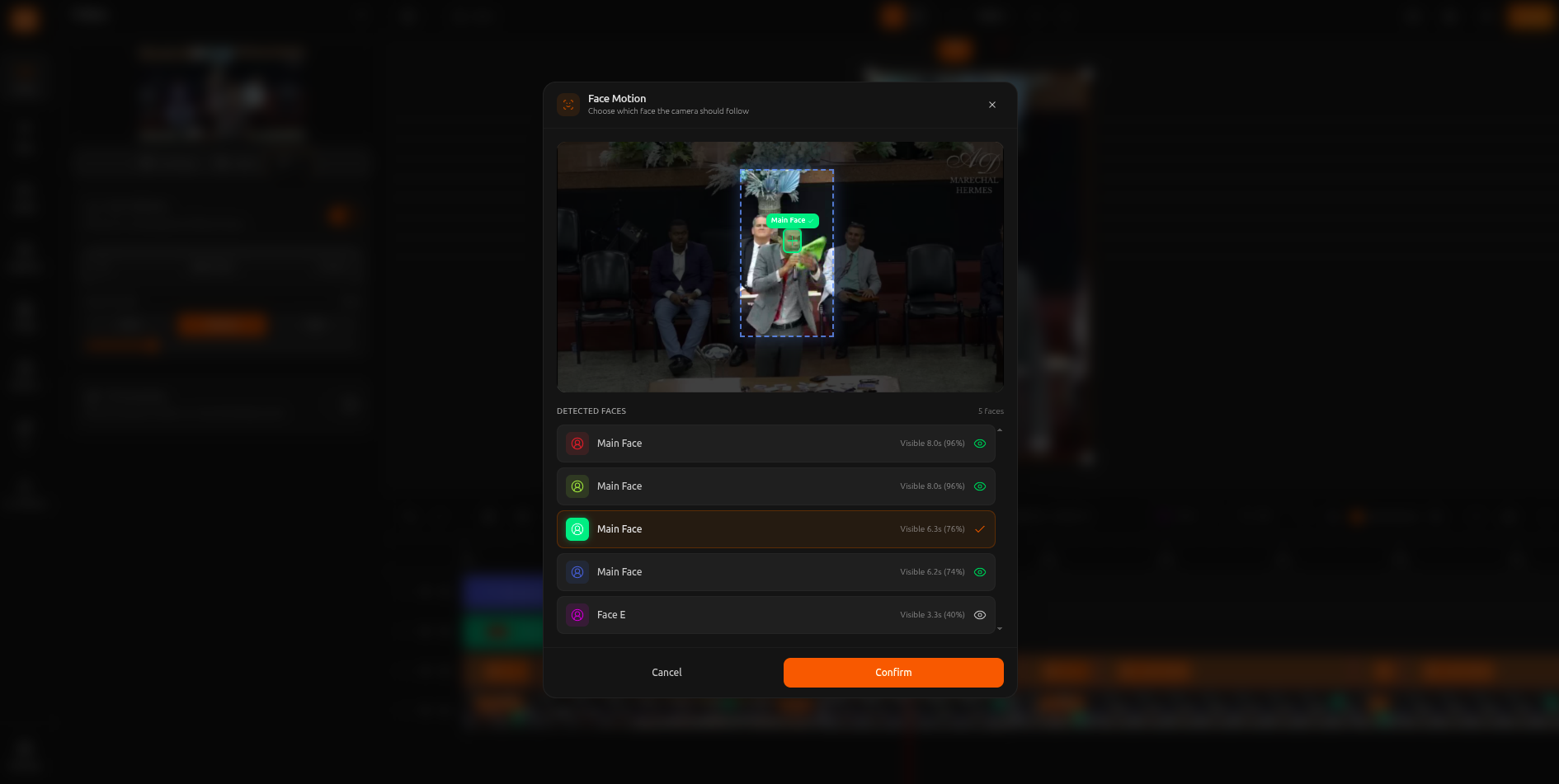 Face Motion settings panel showing face detection and zoom controls