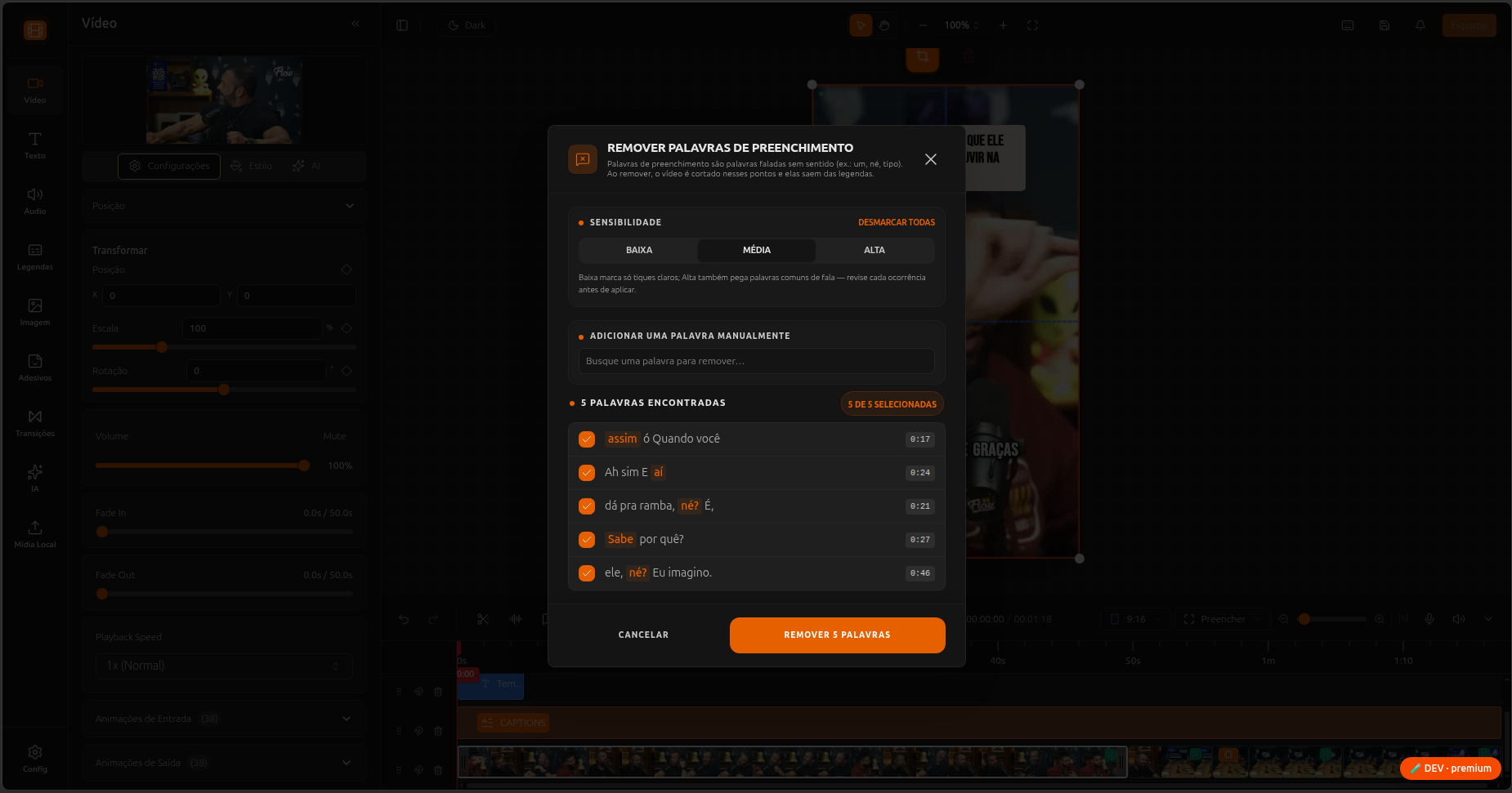 Remove Filler Words modal with the sensitivity control and the list of detected words