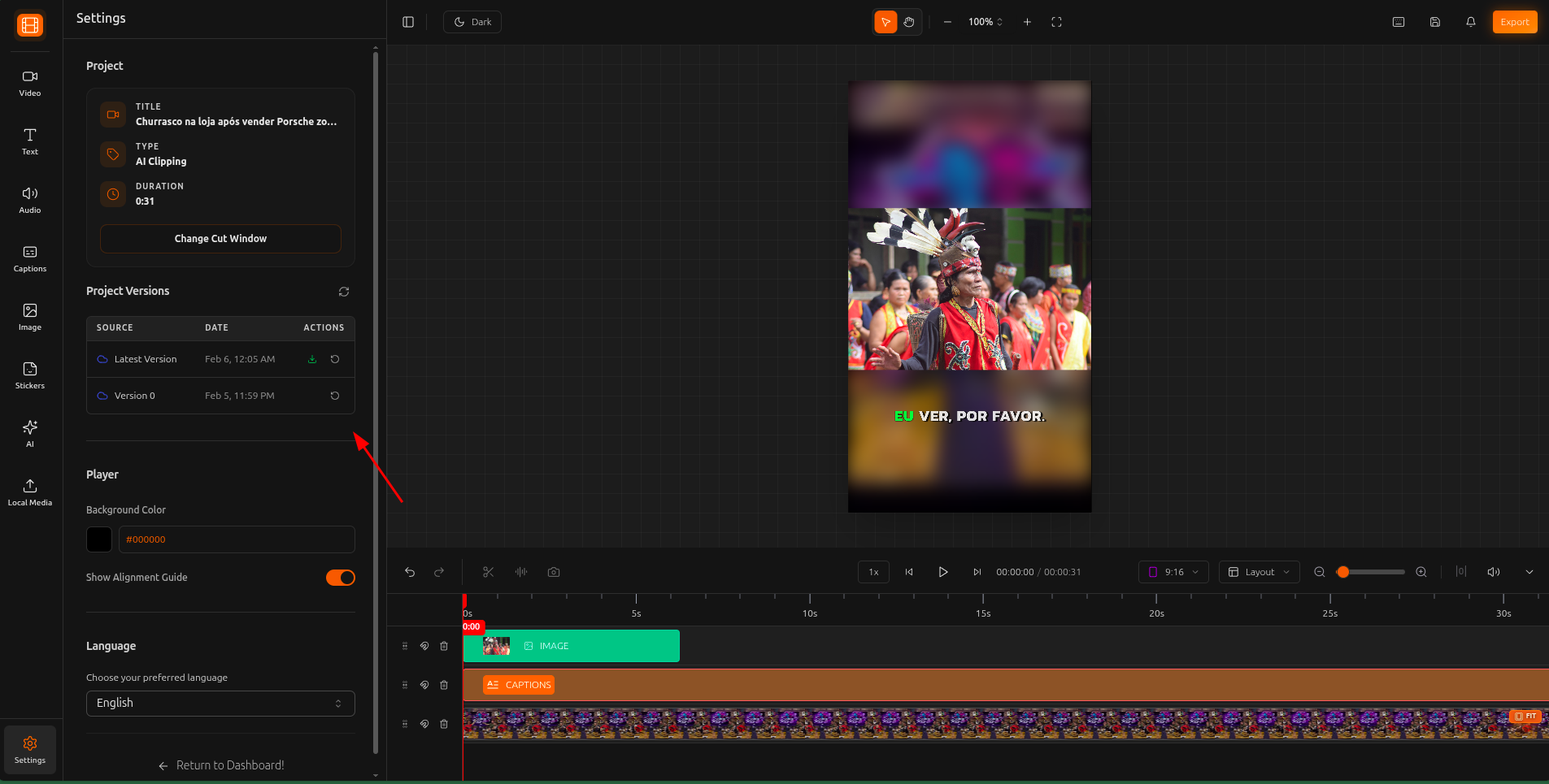 Project versions panel showing previously rendered videos with download options