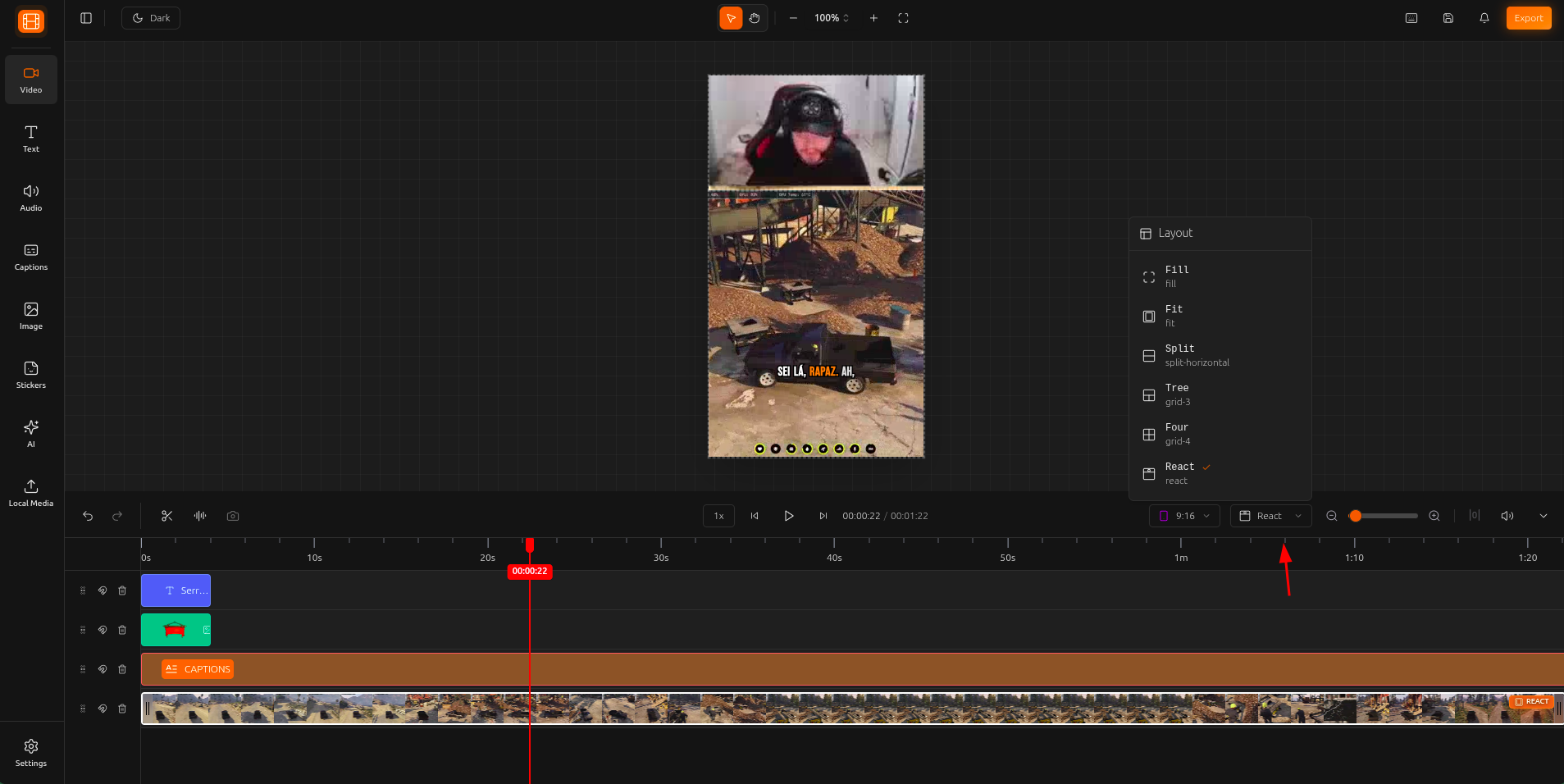 Layout selection panel showing all available layout options