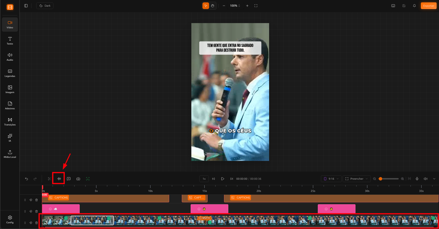 Silence removal button in the timeline toolbar with a video item selected