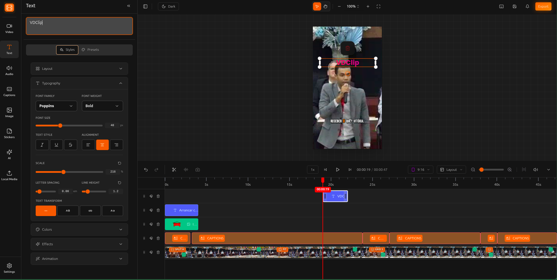 Text editing panel showing styling options and text presets