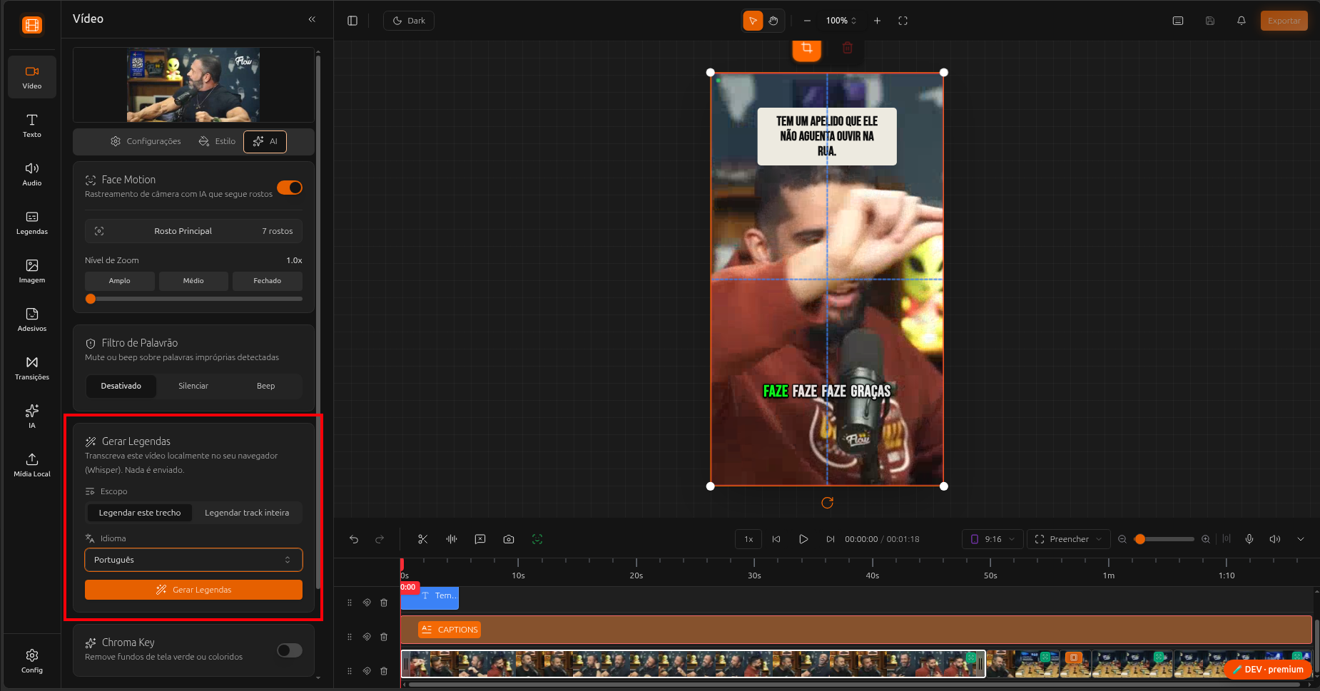 Generate Captions panel with the scope options, language selector, and Generate button