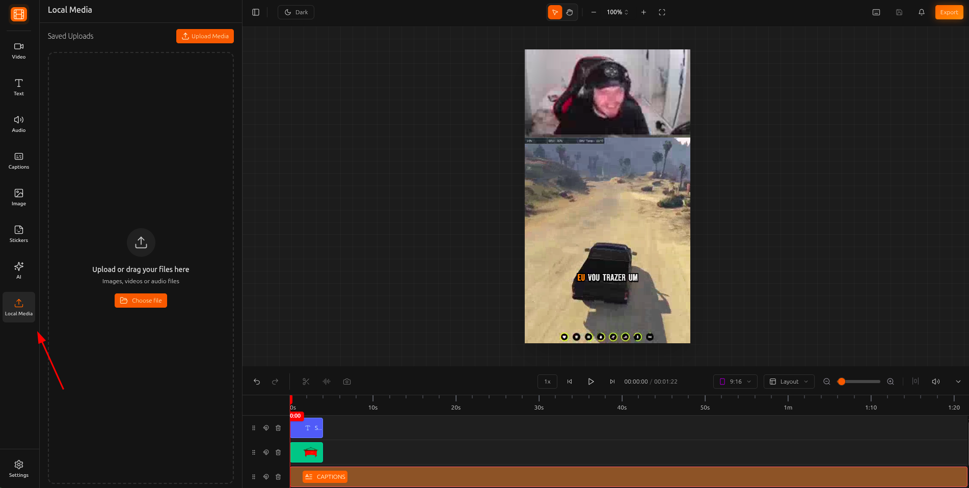 Local media upload panel showing the upload area and uploaded files