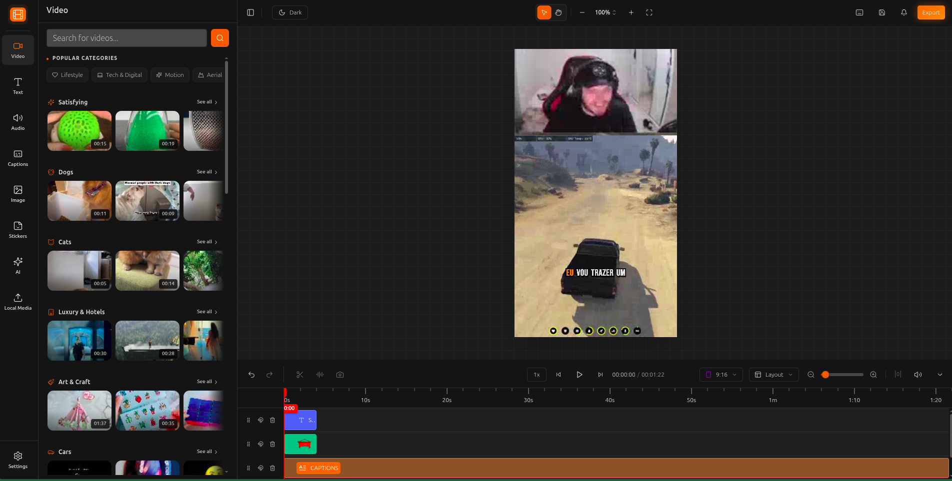 Video library panel showing search results with thumbnails