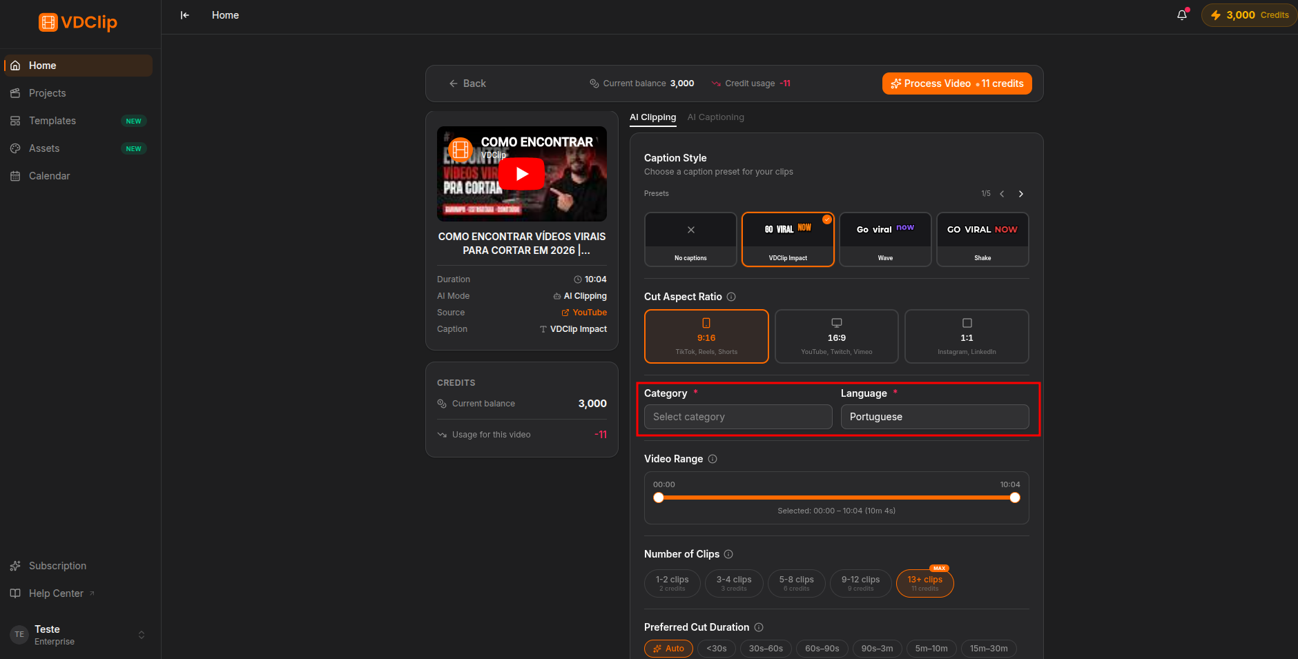 Category and language selection