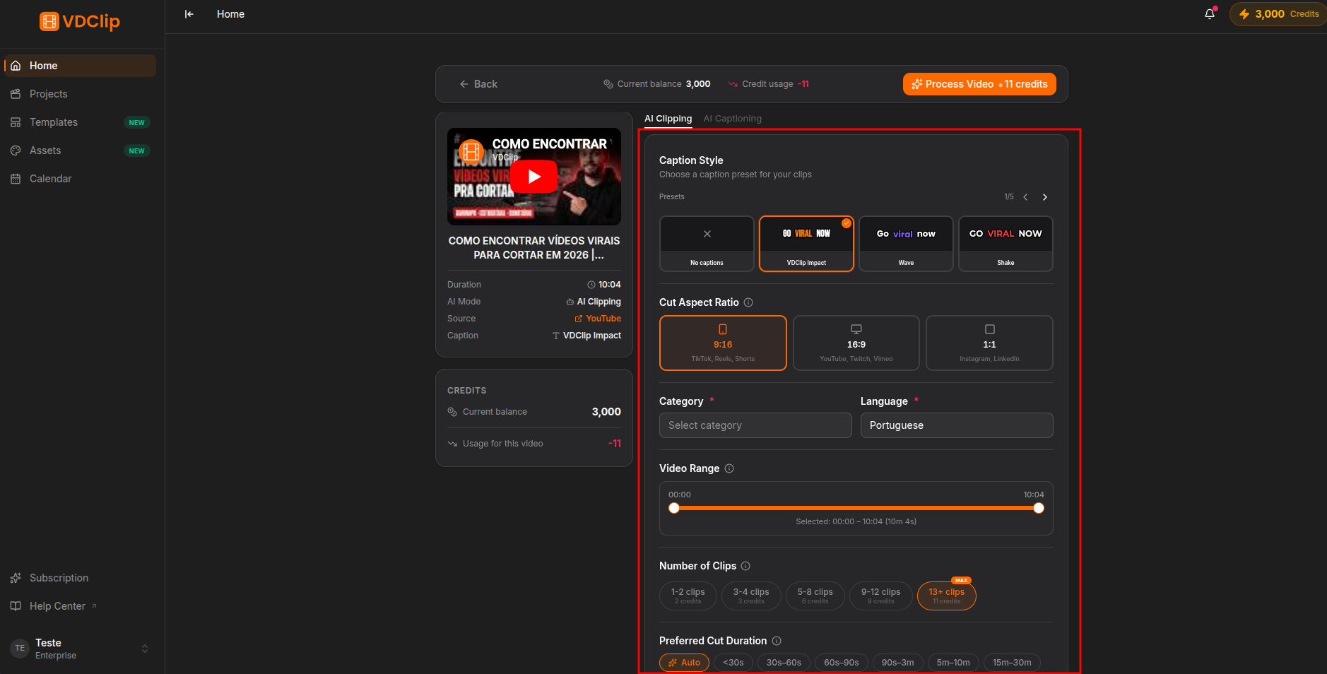 Processing configuration screen