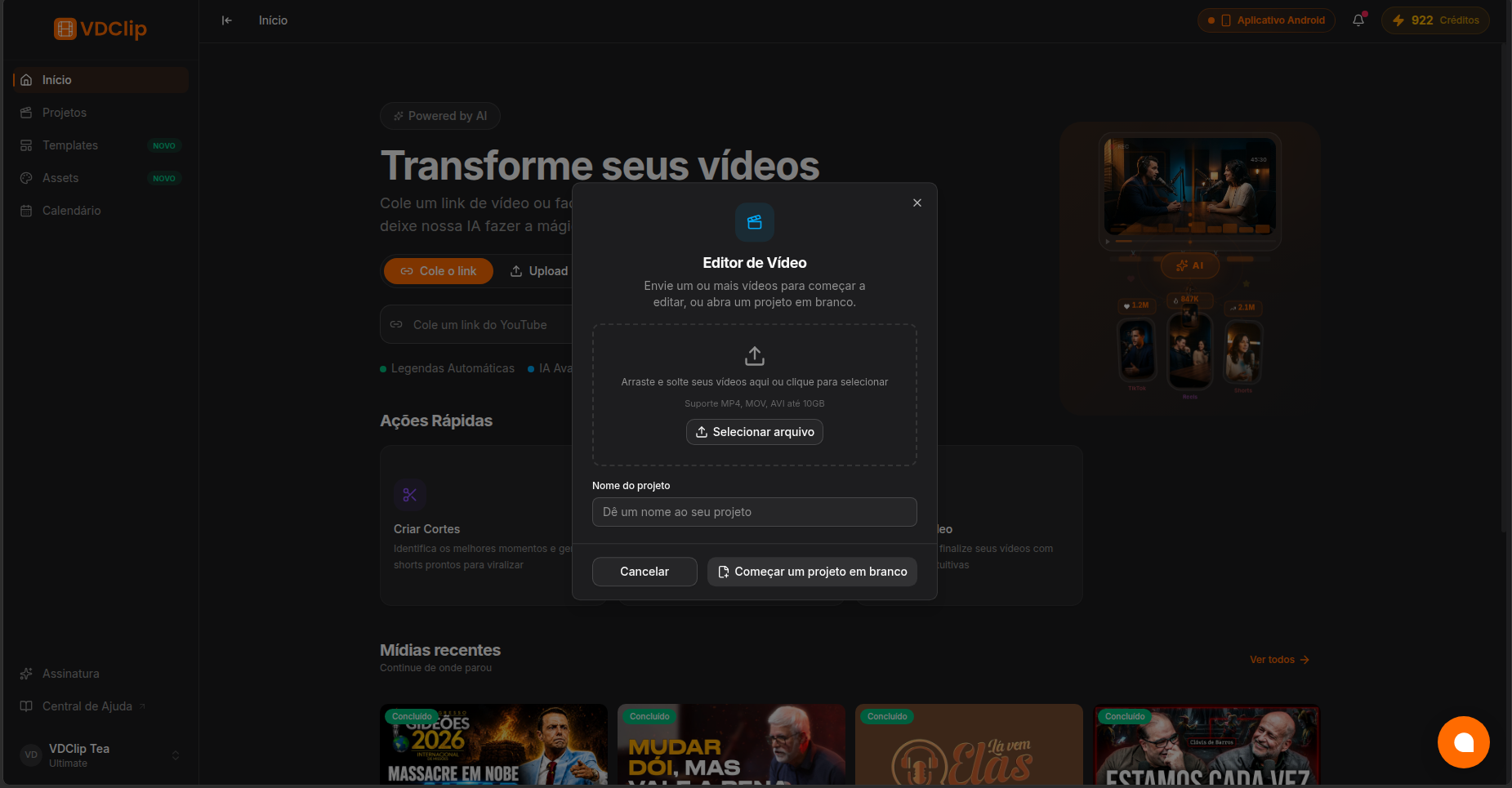 Video Editor dialog with the upload area and project name field