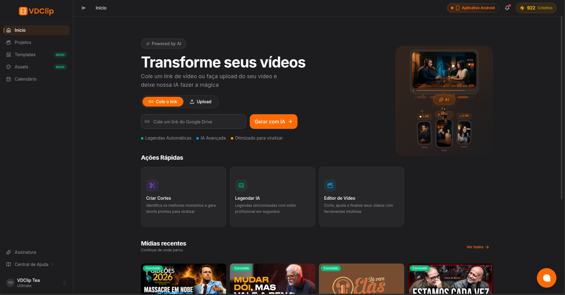 Dashboard quick actions with the Video Editor tool