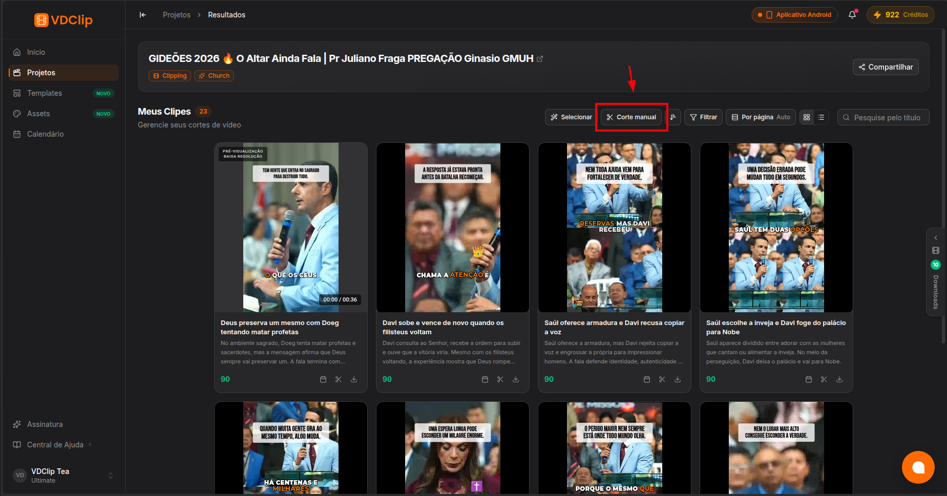 Manual cut button in the clips toolbar on the results page