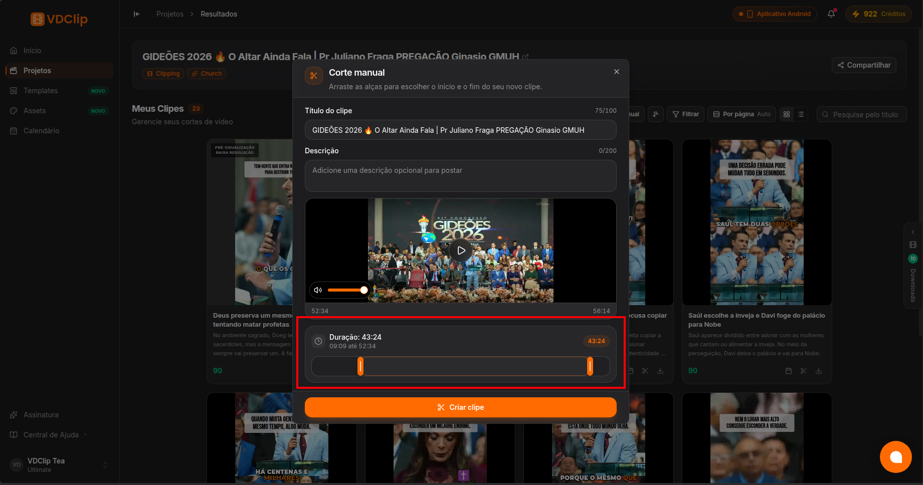 Manual Cut dialog showing the source video with the start and end handles on the range