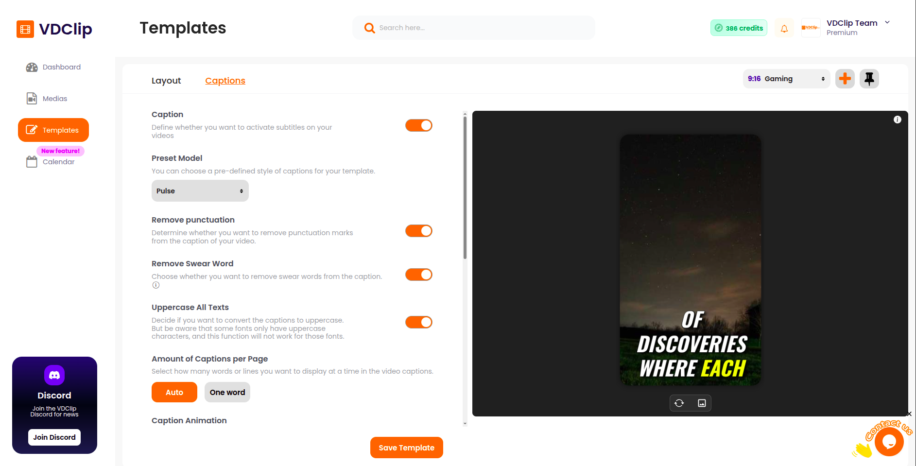 Caption settings interface showing configuration options for animations, fonts, colors, and positioning