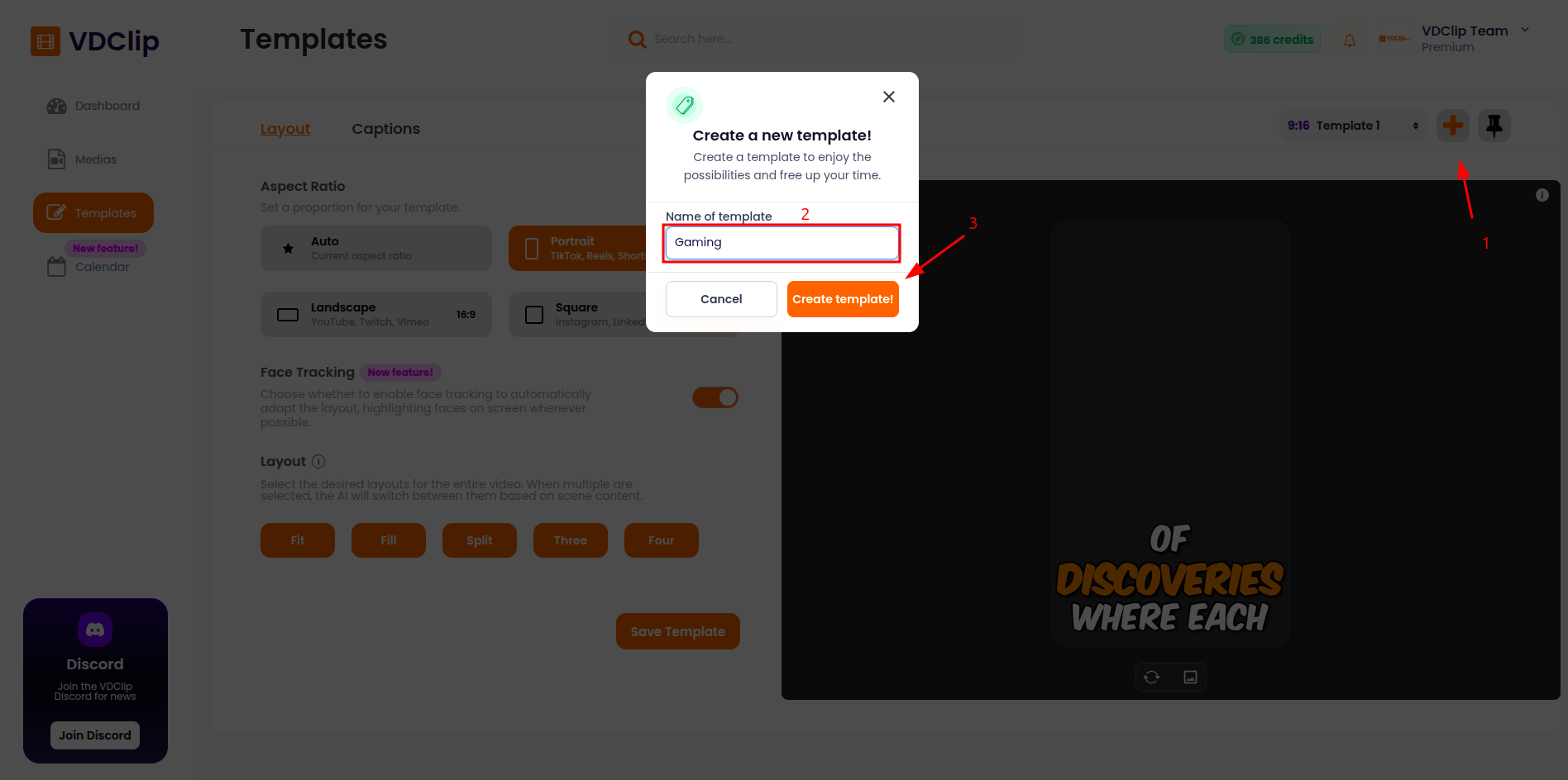 Screenshot showing how to create a new template in the VDClip dashboard