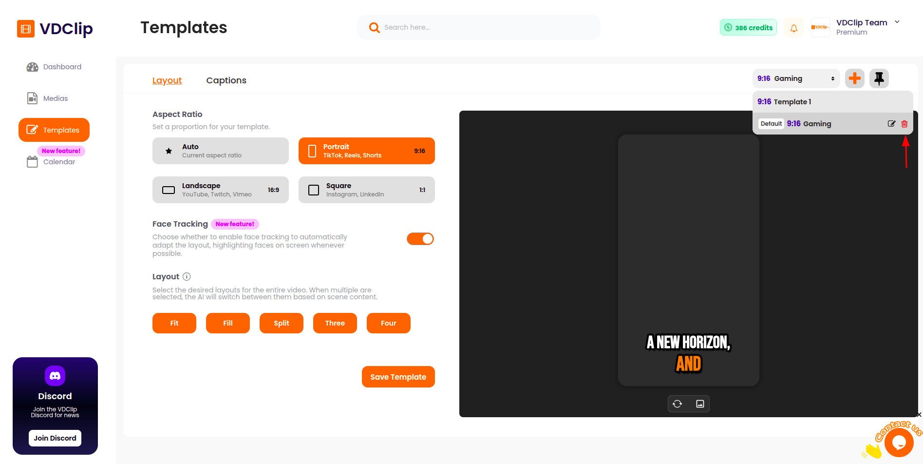 Screenshot showing how to delete a template in VDClip