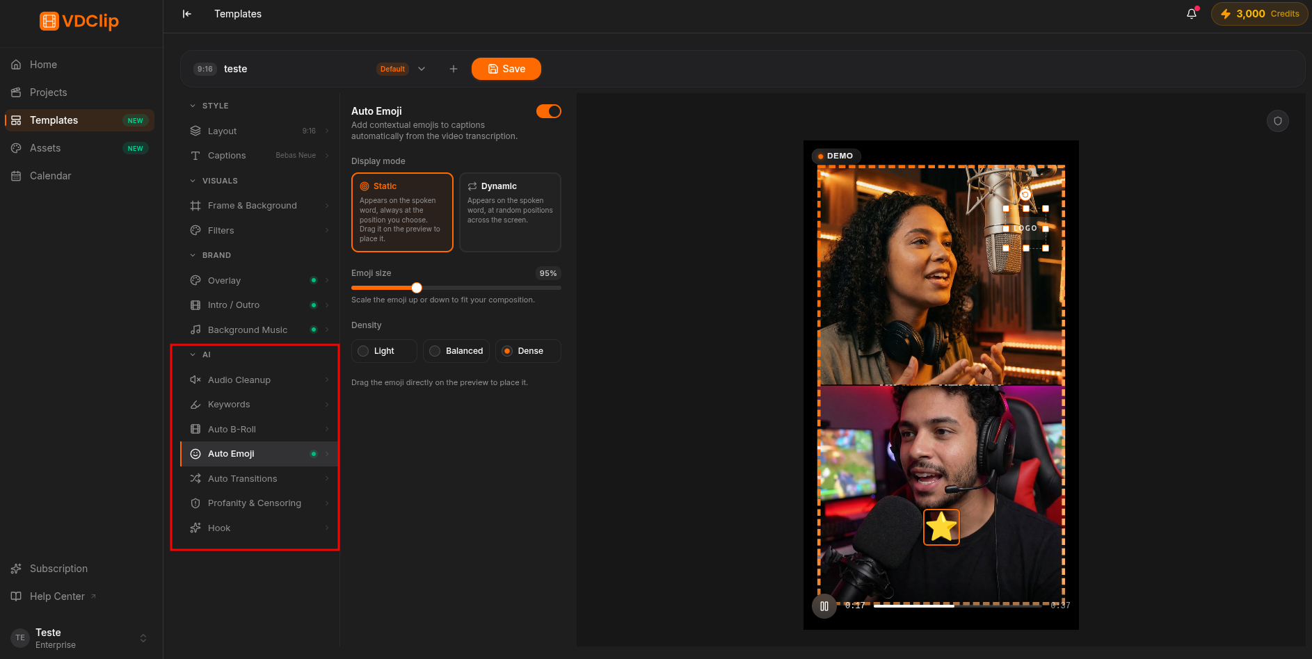 Template AI panel with automatic enhancements