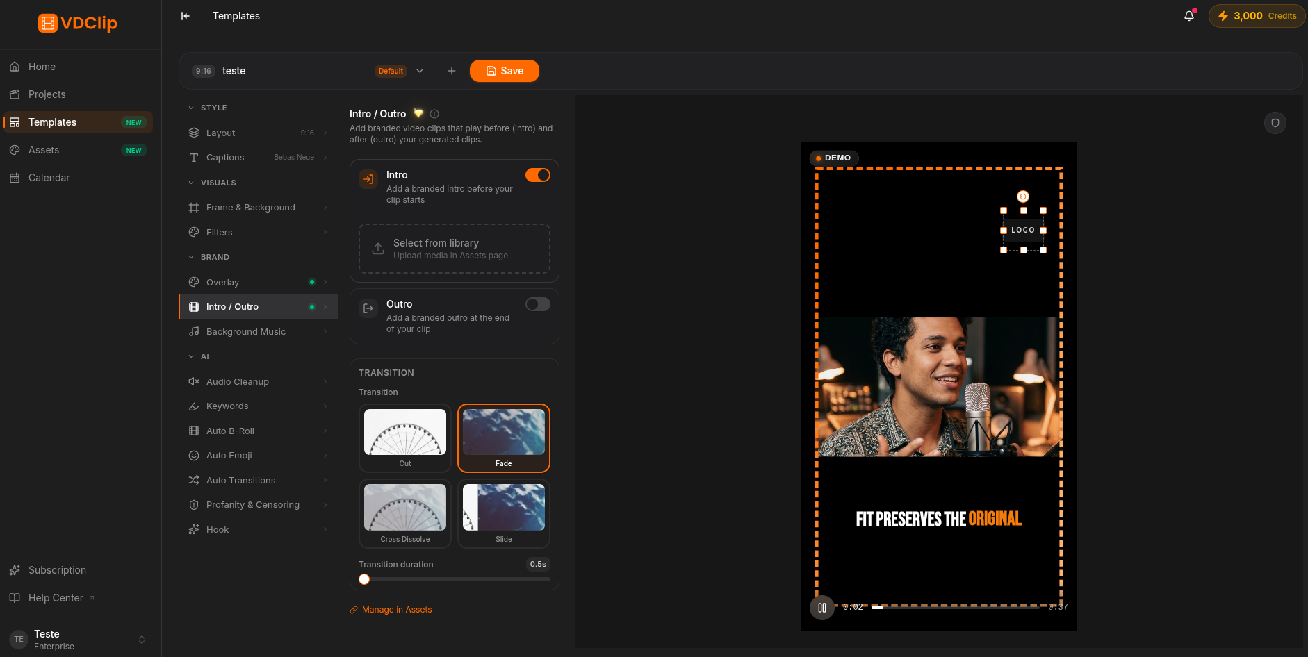 Intro and Outro panel with selectors, transition, and duration