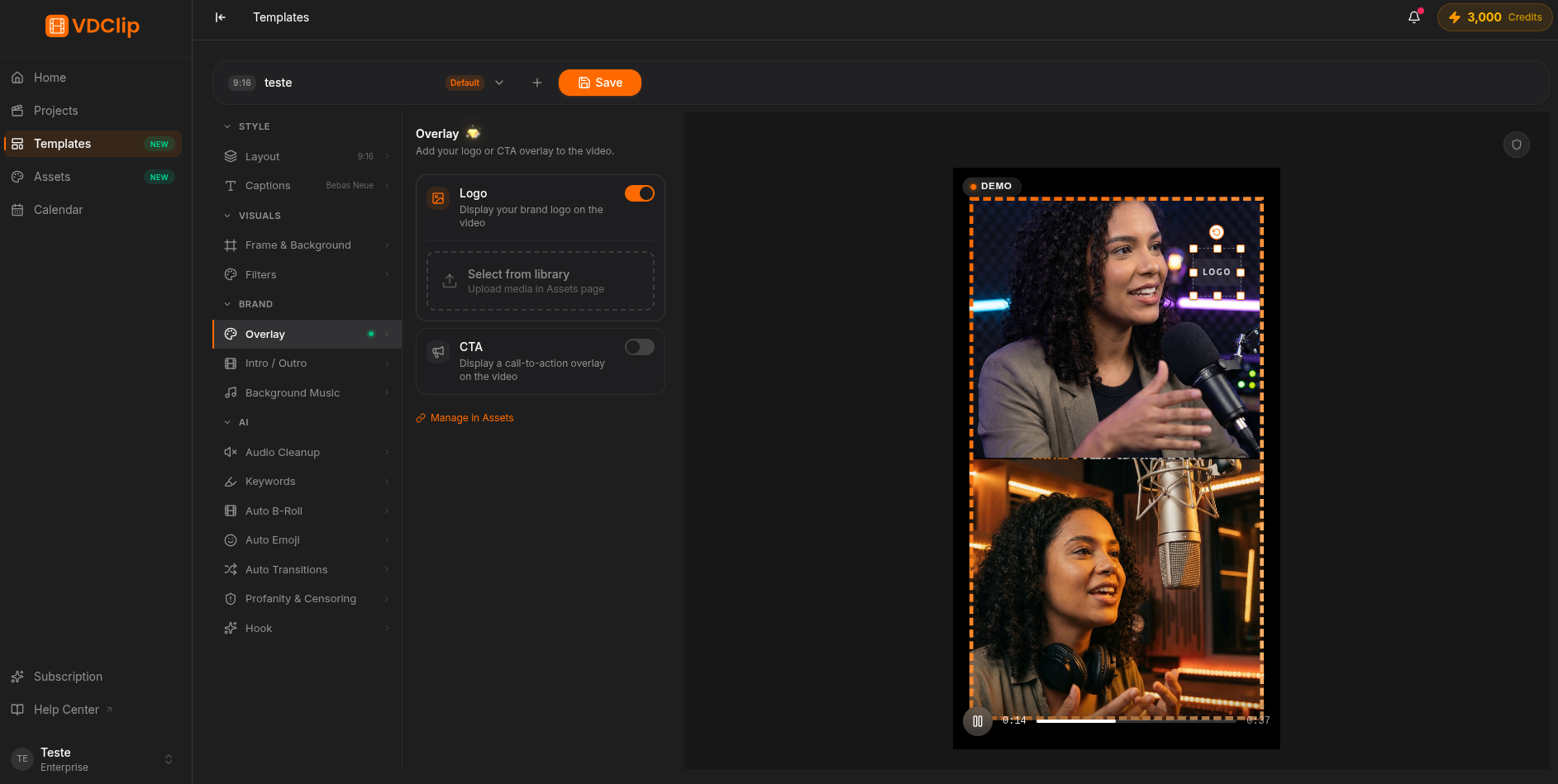 Overlay panel with logo and CTA selection